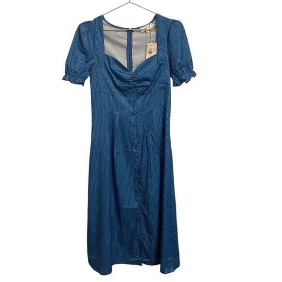RIHOAS Sweetheart Neckline Polka Dot Midi Dress Blue White Small NWT - Picture 1 of 6